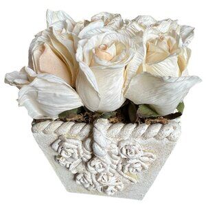 Silk Tea Rose Arrangement Ornate Square 4-Sided Embossed Planter Peach Moss 5" T